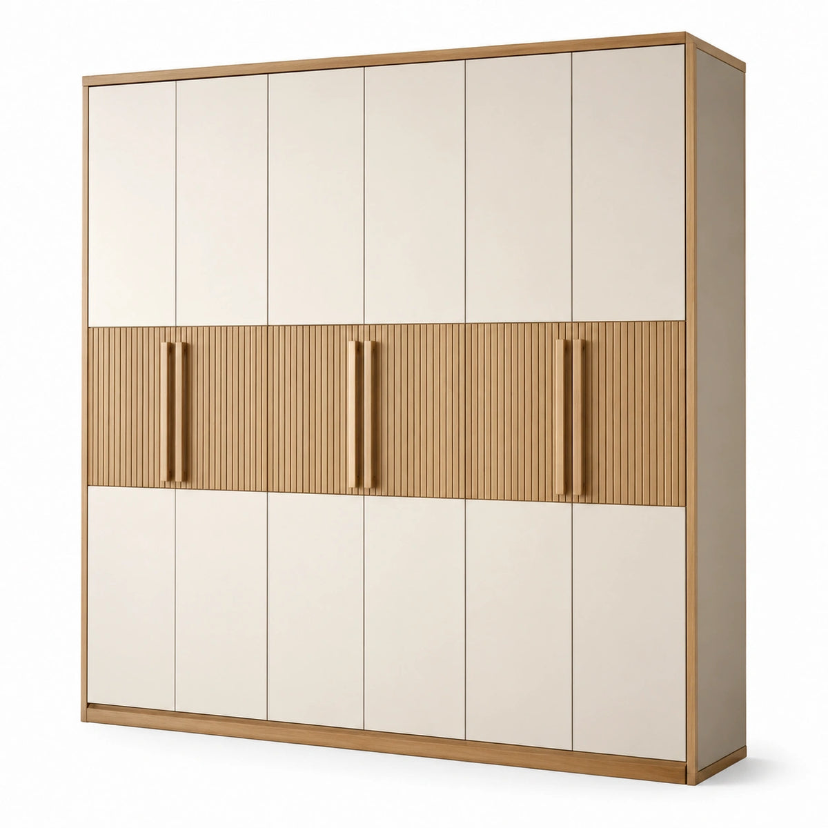Armario de MDF y madera laminada con 8 puertas en crema y roble