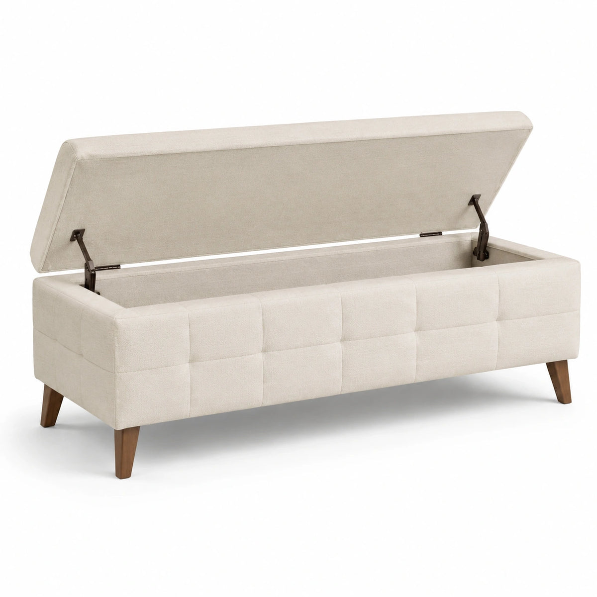 Banco de almacenamiento beige con tejido de poliéster y patas de madera
