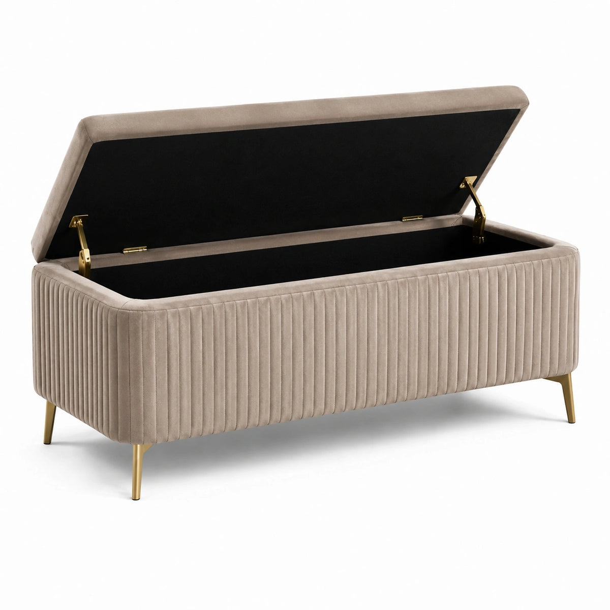 Baúl de almacenamiento de terciopelo beige con patas de metal