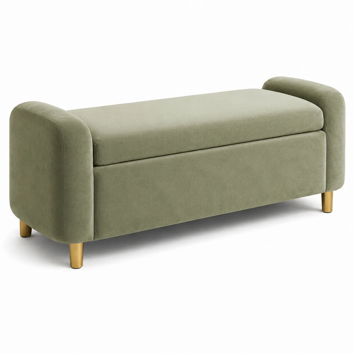 Banco de almacenamiento de terciopelo verde oliva con patas de madera