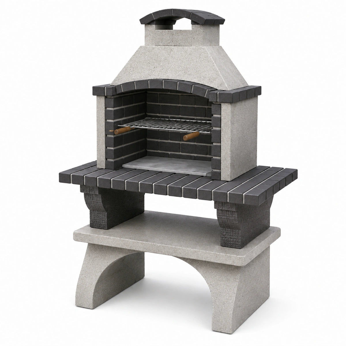 Barbacoa de hormigón gris con ladrillos negros y parrilla de acero inoxidable
