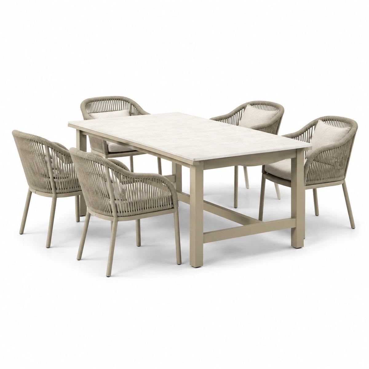 Conjunto de comedor de jardín con mesa de cerámica y 6 sillas de cuerda