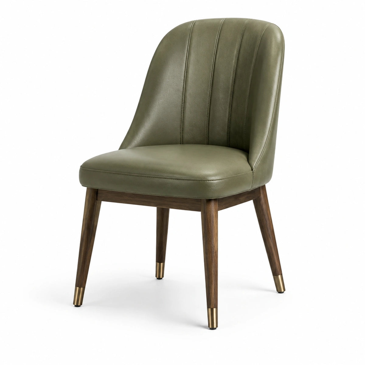 Silla de piel sintética verde oliva con patas de madera y detalles metálicos, 49x56x85 cm