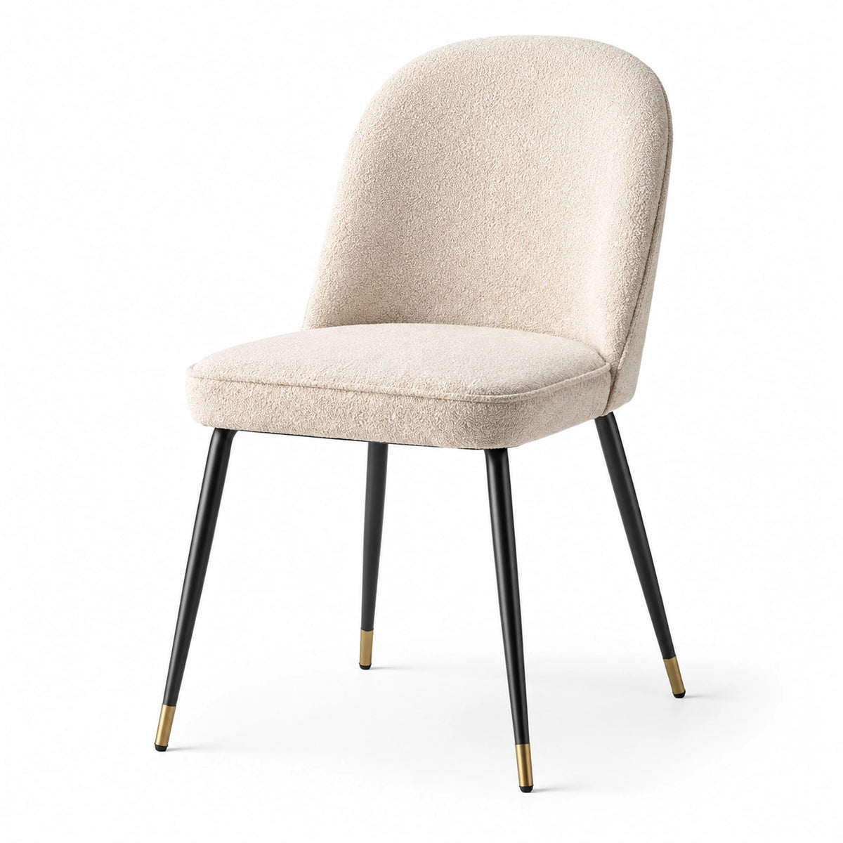 Silla de comedor de tela bouclé beige con patas de metal negro