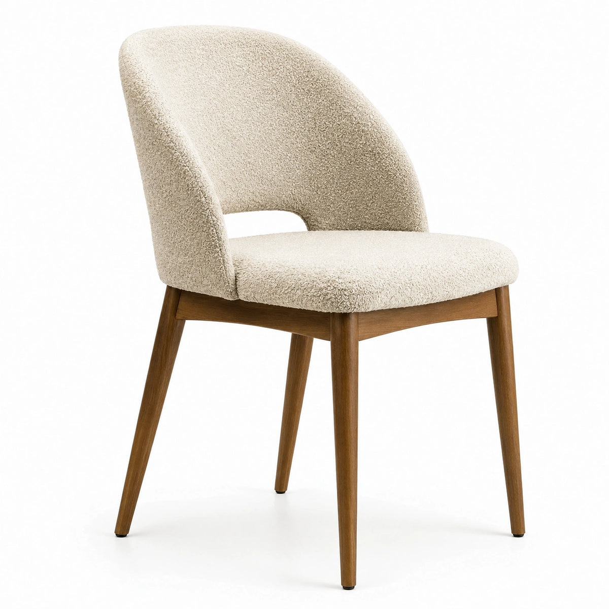 Silla de comedor tapizada en bouclé beige con patas de madera